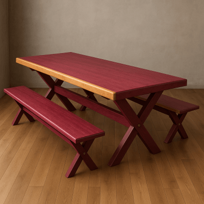 Conjunto Mesa Rústica (250cm x 85cm) Pés Formato X, com 2 Bancos Rústicos (250cm X 36cm) de Madeira Maciça de Roxão – 8 lugares