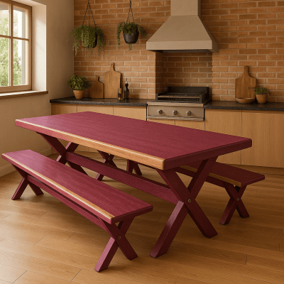 Conjunto Mesa Rústica (250cm x 85cm) Pés Formato X, com 2 Bancos Rústicos (250cm X 36cm) de Madeira Maciça de Roxão – 8 lugares