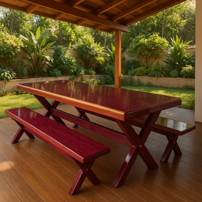 Conjunto Mesa Rústica (250cm x 85cm) Pés Formato X, com 2 Bancos Rústicos (250cm X 36cm) de Madeira Maciça de Roxão – 8 lugares