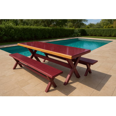 Conjunto Mesa Rústica (250cm x 85cm) Pés Formato X, com 2 Bancos Rústicos (250cm X 36cm) de Madeira Maciça de Roxão – 8 lugares