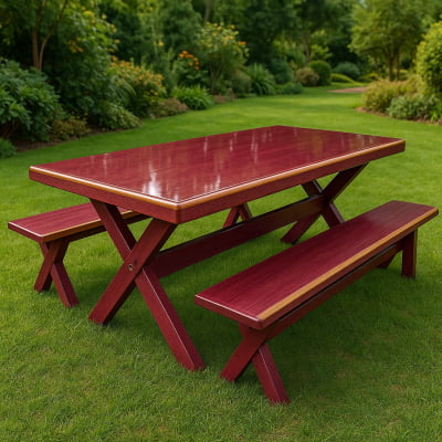 Conjunto Mesa Rústica (250cm x 85cm) Pés Formato X, com 2 Bancos Rústicos (250cm X 36cm) de Madeira Maciça de Roxão – 8 lugares