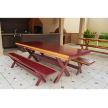 Conjunto Mesa Rústica (250cm x 85cm) Pés Formato X, com 2 Bancos Rústicos (250cm X 36cm) de Madeira Maciça de Roxão – 8 lugares