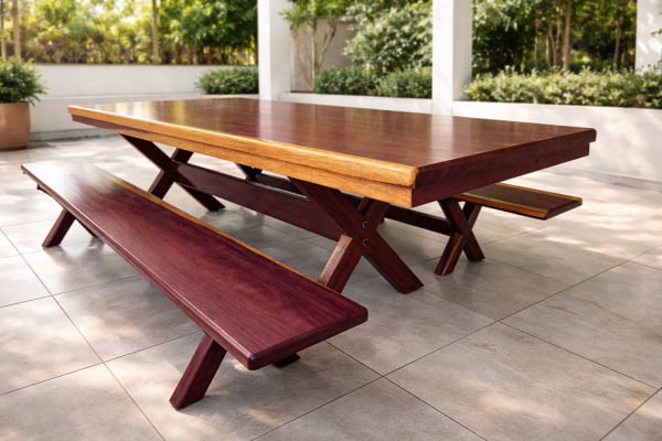 Conjunto Mesa Rústica (250cm x 85cm) Pés Formato X, com 2 Bancos Rústicos (250cm X 36cm) de Madeira Maciça de Roxão – 8 lugares