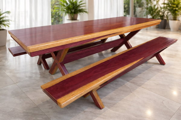 Conjunto Mesa Rústica (250cm x 85cm) Pés Formato X, com 2 Bancos Rústicos (250cm X 36cm) de Madeira Maciça de Roxão – 8 lugares