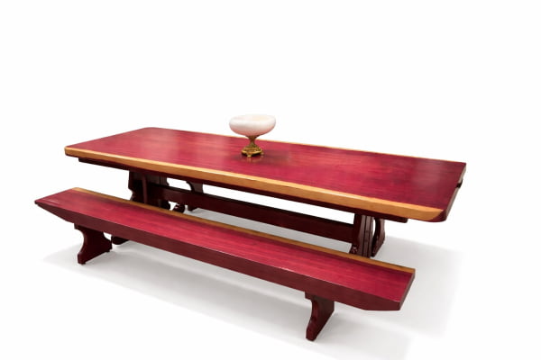 Conjunto Mesa Rústica (250cm x 87cm x 6cm) Pés Formato Torre, com 2 Bancos Rústicos (250cm X 36cm x 4cm) de Madeira Maciça de Roxão – 08 lugares