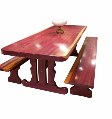 Conjunto Mesa Rústica (250cm x 87cm x 6cm) Pés Formato Torre, com 2 Bancos Rústicos (250cm X 36cm x 4cm) de Madeira Maciça de Roxão – 08 lugares