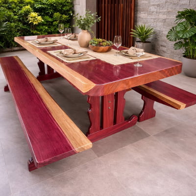 Conjunto Mesa Rústica (250cm x 87cm x 6cm) Pés Formato Torre, com 2 Bancos Rústicos (250cm X 36cm x 4cm) de Madeira Maciça de Roxão – 08 lugares Conjunto Mesa Rústica (250cm x 87cm x 6cm) Pés Formato Torre, com 2 Bancos Rústicos (250cm X 36cm x 4cm) de Madeira Maciça de Roxão – 08 lugares