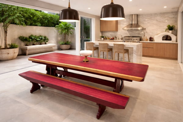 Conjunto Mesa Rústica (250cm x 87cm x 6cm) Pés Formato Torre, com 2 Bancos Rústicos (250cm X 36cm x 4cm) de Madeira Maciça de Roxão – 08 lugares Conjunto Mesa Rústica (250cm x 87cm x 6cm) Pés Formato Torre, com 2 Bancos Rústicos (250cm X 36cm x 4cm) de Madeira Maciça de Roxão – 08 lugares