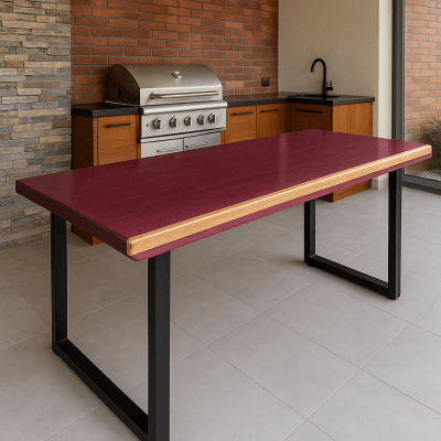 Conjunto Mesa Rústica (250cm x 90cm x 6cm) Pés Formato Torre, com 2 Bancos Rústicos (250 X 38) de Madeira Maciça de Roxão – 8 lugares