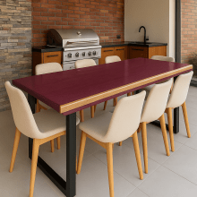 Conjunto Mesa Rústica (250cm x 90cm x 6cm) Pés Formato Torre, com 2 Bancos Rústicos (250 X 38) de Madeira Maciça de Roxão – 8 lugares