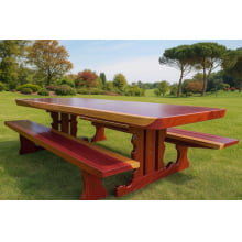 Conjunto Mesa Rústica (250cm x 90cm x 6cm) Pés Formato Torre, com 2 Bancos Rústicos (250 X 38) de Madeira Maciça de Roxão – 8 lugares
