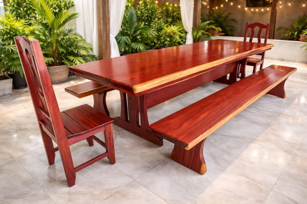 Conjunto Mesa Rústica (300cm x 90cm) + 2 Bancos Rústicos (300cm X 36cm) + 2 Cadeiras Rústicas Coloniais tudo em Madeira Maciça de Roxão – 12 lugares