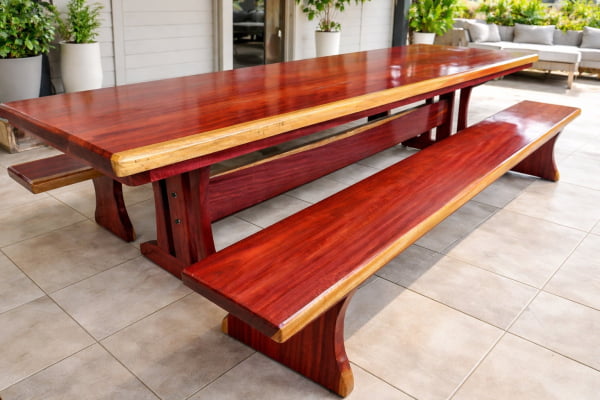 Conjunto Mesa Rústica (300cm x 90cm) + 2 Bancos Rústicos (300cm X 36cm) + 2 Cadeiras Rústicas Coloniais tudo em Madeira Maciça de Roxão – 12 lugares