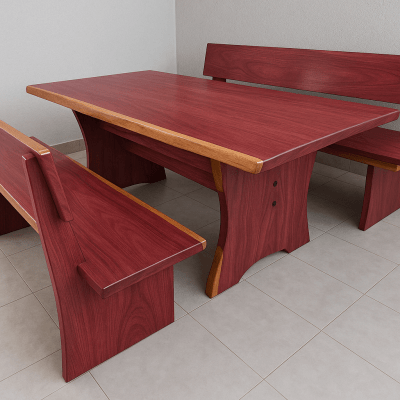 Conjunto Mesa Rústica Jantar (200cm x 85cm x 5cm) com 2 Bancos Rústicos com Encosto (200cm X 36cm x 4cm) de Madeira Maciça de Roxão – Pes Formato Taca - Acabamento Verniz Auto Brilho - 6 lugares