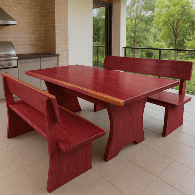 Conjunto Mesa Rústica Jantar (200cm x 85cm x 5cm) com 2 Bancos Rústicos com Encosto (200cm X 36cm x 4cm) de Madeira Maciça de Roxão – Pes Formato Taca - Acabamento Verniz Auto Brilho - 6 lugares