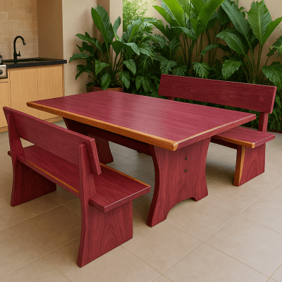 Conjunto Mesa Rústica Jantar (200cm x 85cm x 5cm) com 2 Bancos Rústicos com Encosto (200cm X 36cm x 4cm) de Madeira Maciça de Roxão – Pes Formato Taca - Acabamento Verniz Auto Brilho - 6 lugares
