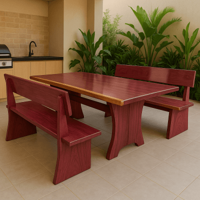 Conjunto Mesa Rústica Jantar (200cm x 85cm x 5cm) com 2 Bancos Rústicos com Encosto (200cm X 36cm x 4cm) de Madeira Maciça de Roxão – Pes Formato Taca - Acabamento Verniz Auto Brilho - 6 lugares