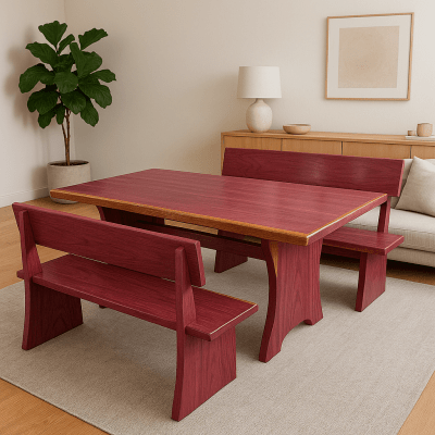 Conjunto Mesa Rústica Jantar (200cm x 85cm x 5cm) com 2 Bancos Rústicos com Encosto (200cm X 36cm x 4cm) de Madeira Maciça de Roxão – Pes Formato Taca - Acabamento Verniz Auto Brilho - 6 lugares