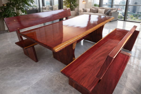 Conjunto Mesa Rústica Jantar (200cm x 85cm x 5cm) com 2 Bancos Rústicos com Encosto (200cm X 36cm x 4cm) de Madeira Maciça de Roxão – Pes Formato Taca - Acabamento Verniz Auto Brilho - 6 lugares