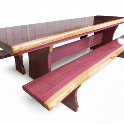 Mesa Rústica Roxão Tampo Medida (270cm x 85cm x 6cm) c/ 2 Bancos (270cm X 35cm x 4cm) – Pés formato Taça com Ondulaçoes nas Laterais do Pé - Acabamento Verniz + Mesa de Centro Rústica Roxão c/Pés Madeira