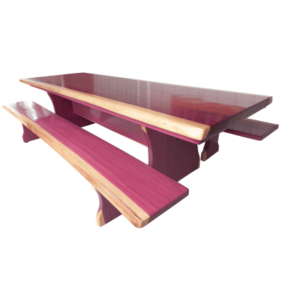 Mesa Rústica Roxão Tampo Medida (270cm x 85cm x 6cm) c/ 2 Bancos (270cm X 35cm x 4cm) – Pés formato Taça com Ondulaçoes nas Laterais do Pé - Acabamento Verniz + Mesa de Centro Rústica Roxão c/Pés Madeira