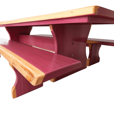 Mesa Rústica Roxão Tampo Medida (270cm x 85cm x 6cm) c/ 2 Bancos (270cm X 35cm x 4cm) – Pés formato Taça com Ondulaçoes nas Laterais do Pé - Acabamento Verniz + Mesa de Centro Rústica Roxão c/Pés Madeira