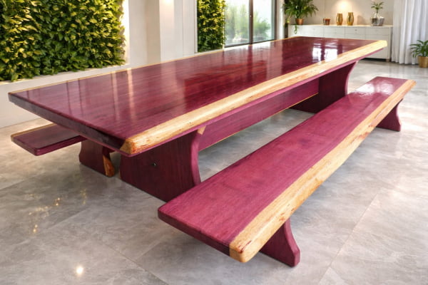 Mesa Rústica Roxão Tampo Medida (270cm x 85cm x 6cm) c/ 2 Bancos (270cm X 35cm x 4cm) – Pés formato Taça com Ondulaçoes nas Laterais do Pé - Acabamento Verniz + Mesa de Centro Rústica Roxão c/Pés Madeira