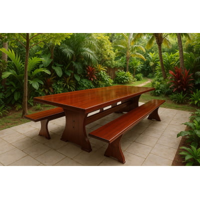 Conjunto Mesa  Rústica (300cm x 85cm x 6cm) com  2 Bancos Rústicos (300cm X 36cm x 4cm) de Madeira Maciça - Pés formato Taça - Acabamento Verniz Nogueira Auto Brilho – 10 lugares