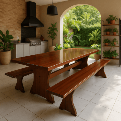 Conjunto Mesa  Rústica (300cm x 85cm x 6cm) com  2 Bancos Rústicos (300cm X 36cm x 4cm) de Madeira Maciça - Pés formato Taça - Acabamento Verniz Nogueira Auto Brilho – 10 lugares