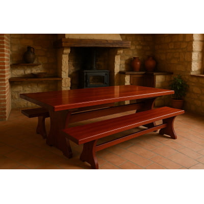 Conjunto Mesa  Rústica (300cm x 85cm x 6cm) com  2 Bancos Rústicos (300cm X 36cm x 4cm) de Madeira Maciça - Pés formato Taça - Acabamento Verniz Nogueira Auto Brilho – 10 lugares