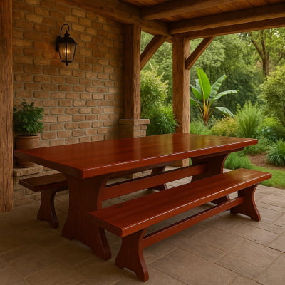 Conjunto Mesa  Rústica (300cm x 85cm x 6cm) com  2 Bancos Rústicos (300cm X 36cm x 4cm) de Madeira Maciça - Pés formato Taça - Acabamento Verniz Nogueira Auto Brilho – 10 lugares