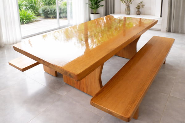 Conjunto Mesa Rústica (220cm x 85cm x 5,5cm) com 2 Bancos Rústicos (220cm X 36cm x 4cm) de Madeira 100% Maciça de Tauari – Pés Taça - Acabamento Verniz Auto brilho Incolor - 6 a 8 lugares 