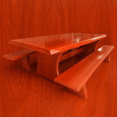 Conjunto Mesa  Rústica (3,00mts x 85cm x 5,5cm) com Bordas Laterais Orgânicas e 2 Bancos Rústicos (3,00mts X 36cm x 4cm) de Madeira Maciça de Jequitibá Acabamento em Mogno – 10 lugares