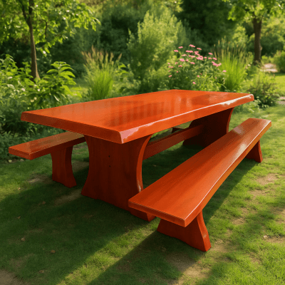 Conjunto Mesa  Rústica (3,00mts x 85cm x 5,5cm) com Bordas Laterais Orgânicas e 2 Bancos Rústicos (3,00mts X 36cm x 4cm) de Madeira Maciça de Jequitibá Acabamento em Mogno – 10 lugares