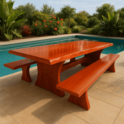 Conjunto Mesa  Rústica (3,00mts x 85cm x 5,5cm) com Bordas Laterais Orgânicas e 2 Bancos Rústicos (3,00mts X 36cm x 4cm) de Madeira Maciça de Jequitibá Acabamento em Mogno – 10 lugares