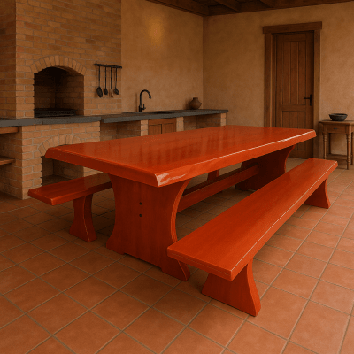 Conjunto Mesa  Rústica (3,00mts x 85cm x 5,5cm) com Bordas Laterais Orgânicas e 2 Bancos Rústicos (3,00mts X 36cm x 4cm) de Madeira Maciça de Jequitibá Acabamento em Mogno – 10 lugares
