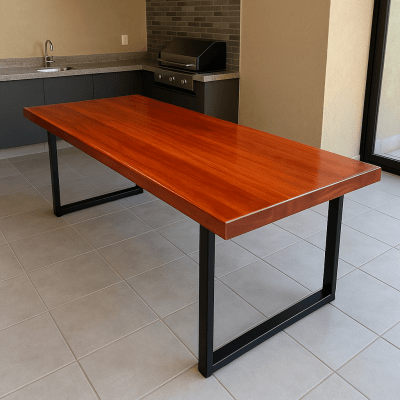 Conjunto Mesa  Rústica (3,00mts x 85cm x 5,5cm) com Bordas Laterais Orgânicas e 2 Bancos Rústicos (3,00mts X 36cm x 4cm) de Madeira Maciça de Jequitibá Acabamento em Mogno – 10 lugares