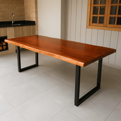 Conjunto Mesa  Rústica (3,00mts x 85cm x 5,5cm) com Bordas Laterais Orgânicas e 2 Bancos Rústicos (3,00mts X 36cm x 4cm) de Madeira Maciça de Jequitibá Acabamento em Mogno – 10 lugares