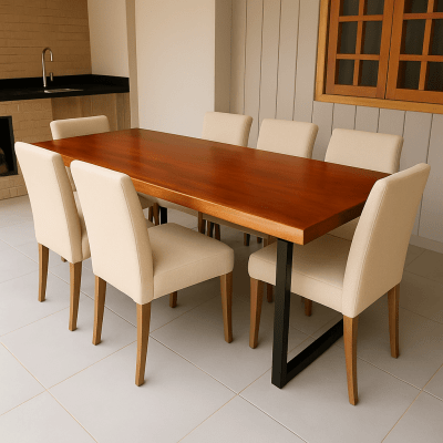 Conjunto Mesa  Rústica (3,00mts x 85cm x 5,5cm) com Bordas Laterais Orgânicas e 2 Bancos Rústicos (3,00mts X 36cm x 4cm) de Madeira Maciça de Jequitibá Acabamento em Mogno – 10 lugares