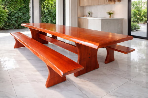 Conjunto Mesa Rústica (3,00mts x 85cm x 5,5cm) com Bordas Laterais Orgânicas e 2 Bancos Rústicos (3,00mts X 36cm x 4cm) de Madeira Maciça de Jequitibá Acabamento em Mogno – 10 lugares