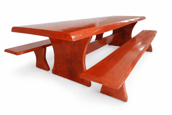 Conjunto Mesa Rústica (3,00mts x 85cm x 5,5cm) com Bordas Laterais Orgânicas e 2 Bancos Rústicos (3,00mts X 36cm x 4cm) de Madeira Maciça de Jequitibá Acabamento em Mogno – 10 lugares