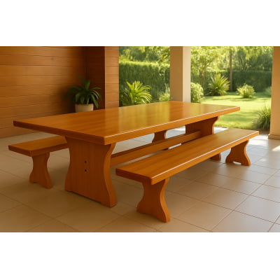 Conjunto Mesa Rústica (300 x 85) com 2 Bancos Rústicos (300 X 36) de Madeira 100% Maciça – 10 lugares