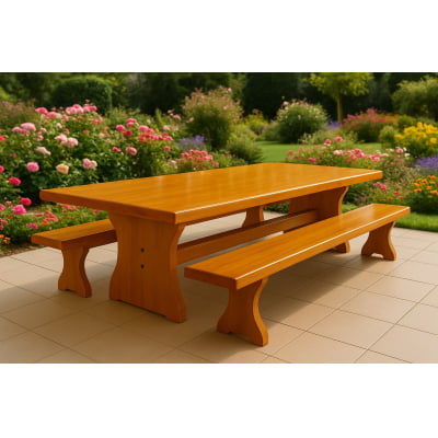 Conjunto Mesa Rústica (300 x 85) com 2 Bancos Rústicos (300 X 36) de Madeira 100% Maciça – 10 lugares