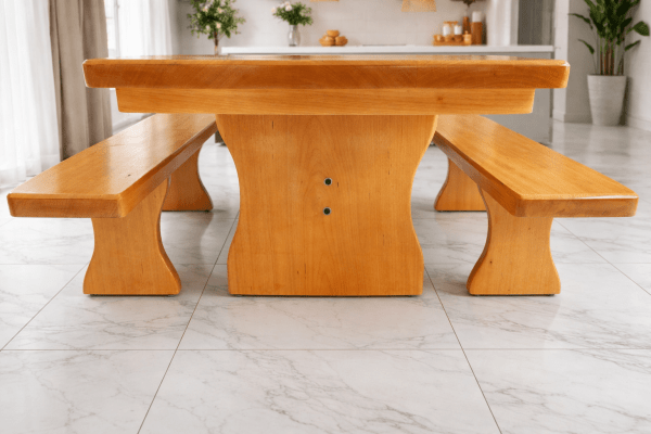 Conjunto Mesa Rústica (300cm x 85cm x 5,5cm) com 2 Bancos Rústicos (300cm X 36cm X 4cm) de Madeira Maciça de Tauari – Pés Formato Taça - 10 a 12 Lugares