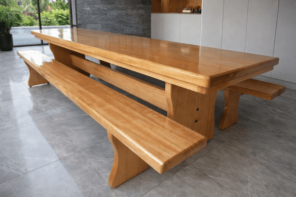 Conjunto Mesa Rústica (300cm x 85cm x 5,5cm) com 2 Bancos Rústicos (300cm X 36cm X 4cm) de Madeira Maciça de Tauari – Pés Formato Taça - 10 a 12 Lugares