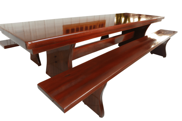 Conjunto Mesa  Rústica (300cm x 85cm x 6cm) com  2 Bancos Rústicos (300cm X 36cm x 4cm) de Madeira Maciça - Pés formato Taça - Acabamento Verniz Nogueira Auto Brilho – 10 lugares