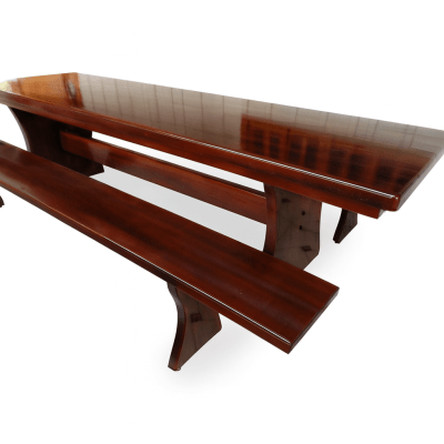 Conjunto Mesa  Rústica (300cm x 85cm x 6cm) com  2 Bancos Rústicos (300cm X 36cm x 4cm) de Madeira Maciça - Pés formato Taça - Acabamento Verniz Nogueira Auto Brilho – 10 lugares
