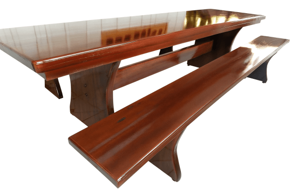 Conjunto Mesa  Rústica (300cm x 85cm x 6cm) com  2 Bancos Rústicos (300cm X 36cm x 4cm) de Madeira Maciça - Pés formato Taça - Acabamento Verniz Nogueira Auto Brilho – 10 lugares