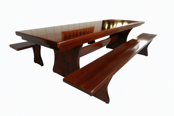 Conjunto Mesa  Rústica (300cm x 85cm x 6cm) com  2 Bancos Rústicos (300cm X 36cm x 4cm) de Madeira Maciça - Pés formato Taça - Acabamento Verniz Nogueira Auto Brilho – 10 lugares