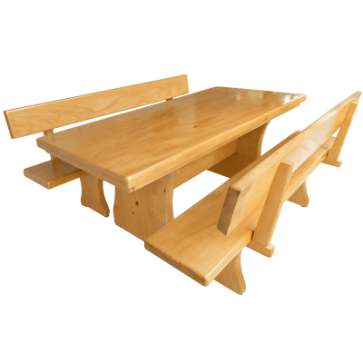 Conjunto Mesa Rústica Jantar (200cm x 86cm x 5,5cm) com 2 Bancos Rústicos com Encosto (200cm X 36cm x 4cm) de Madeira Maciça de Tauari – 8 lugares 